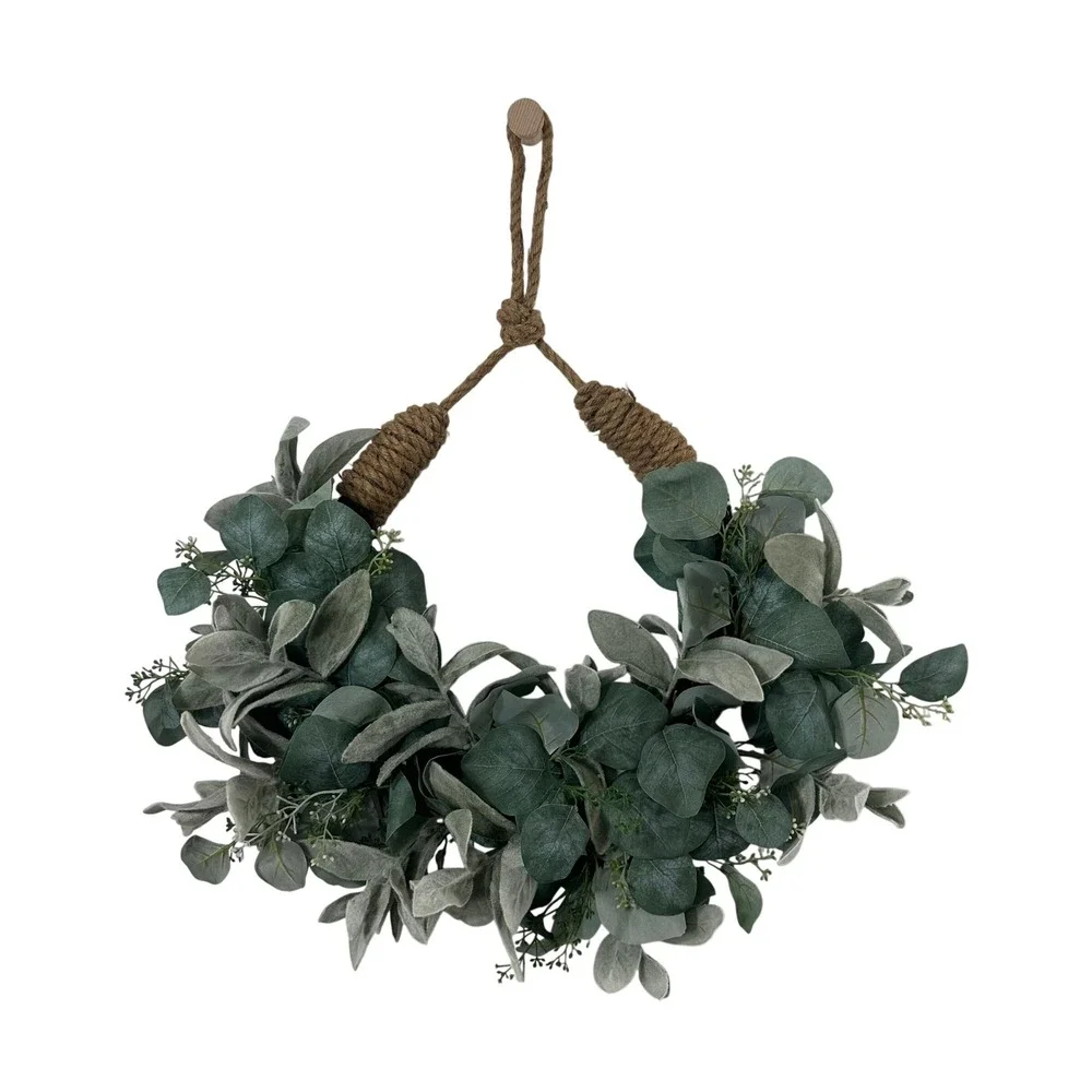 Faux Eucalyptus Lambs Ear Wreath Rustic Jute Rope Hanger Mixed Greenery 22in